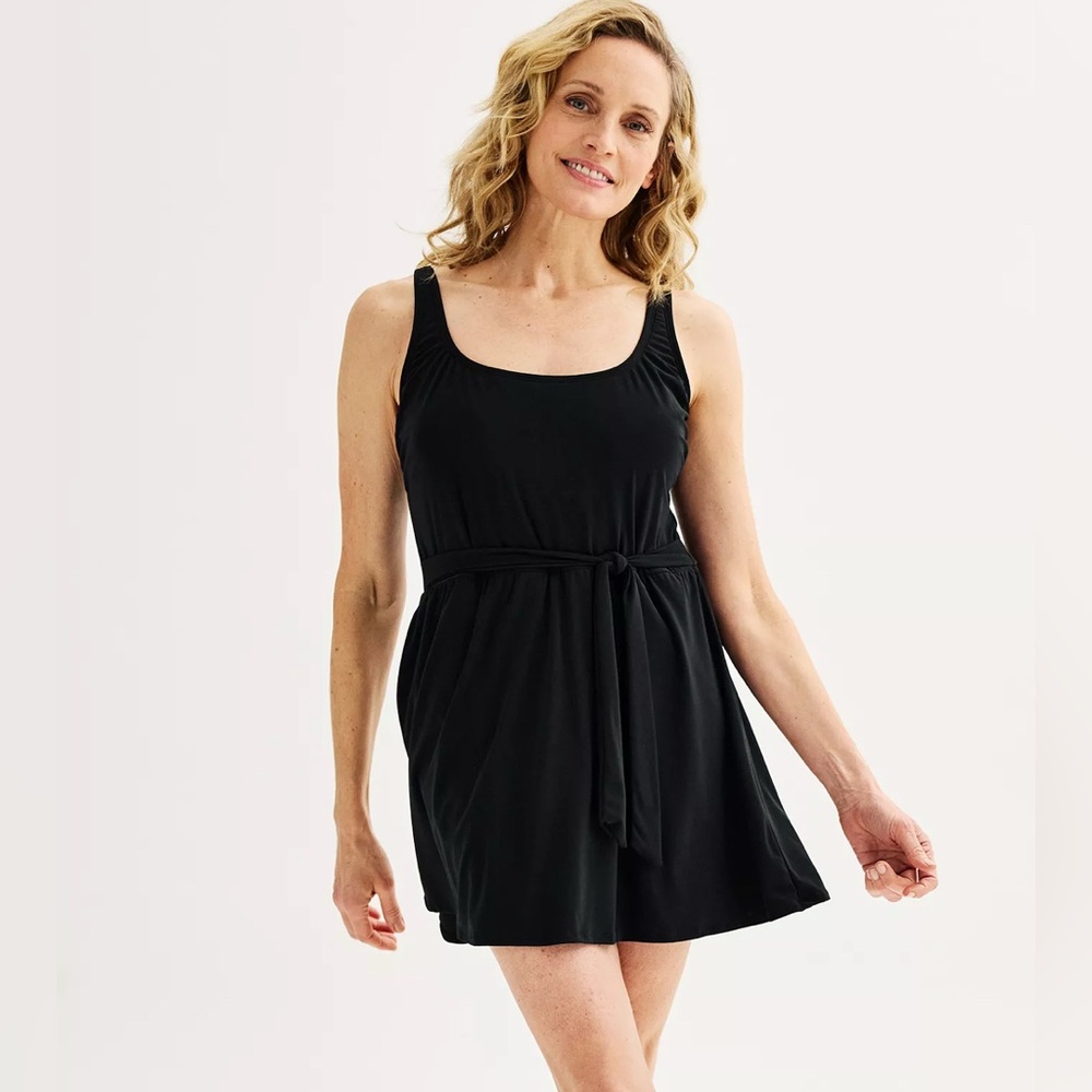 BAL HARBOUR Solid Black Belted Swimdress